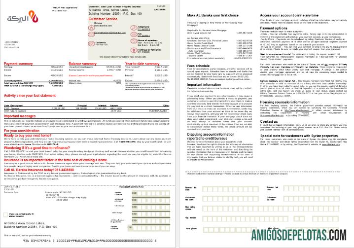 Extrato de hipoteca do banco sírio Al Baraka em formatos Word e PDF, 2 páginas exemplo real